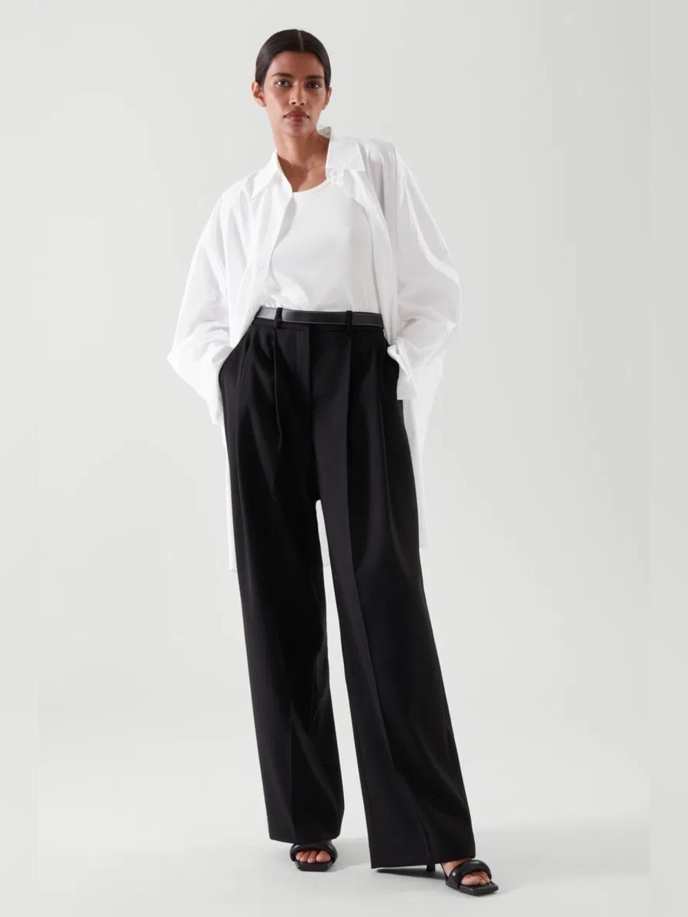 COS Pleated Wide-Leg Wool Trousers Size 34/XS Black Tailored Minimalist Casual